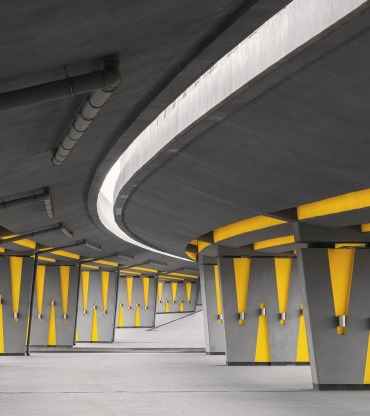 Architectural feature with empty street under automotive bridge, urban perspective and vanishing point, modern city infrastructure in Vilnius, Lithuania